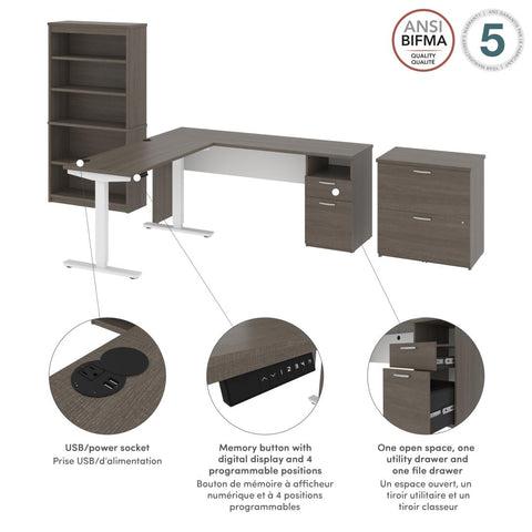 72W L-Shaped Standing Desk with Bookcase and File Cabinet