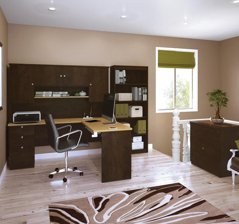 3-Piece set including an L-shaped desk with hutch, a lateral file cabinet, and a bookcase