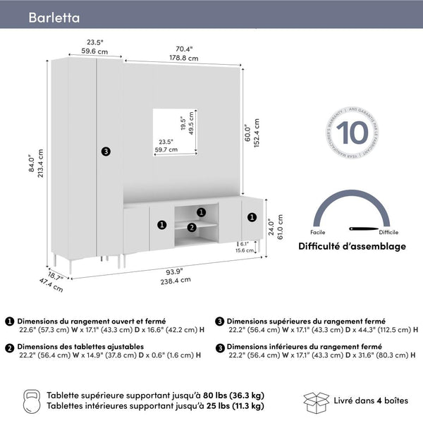 94W Modular Entertainment Center with TV Stand, Tall Storage Cabinet, and Small Wall Panel