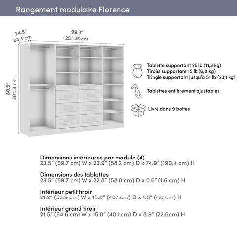 Modular Closet System with Shelves, Drawers, Clothing Rods & LED Lights, Shaker Style, 100W x 25D