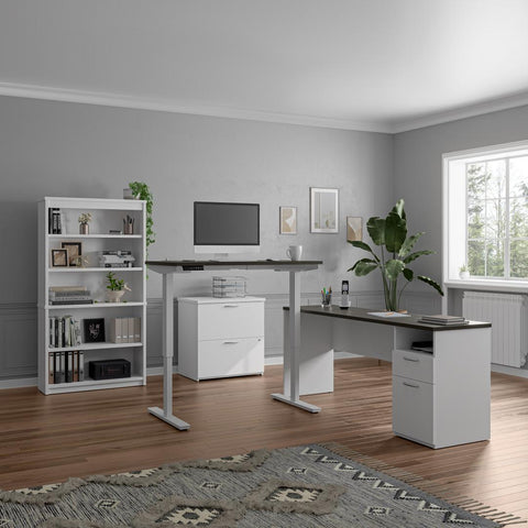 72W L-Shaped Standing Desk with Bookcase and File Cabinet