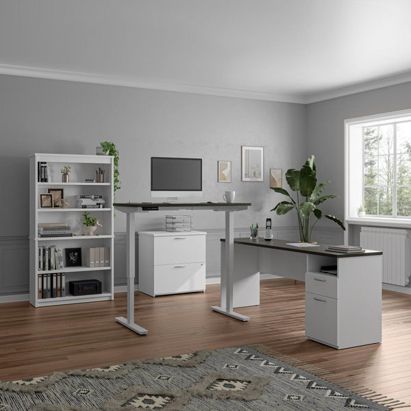 72W L-Shaped Standing Desk with Bookcase and File Cabinet