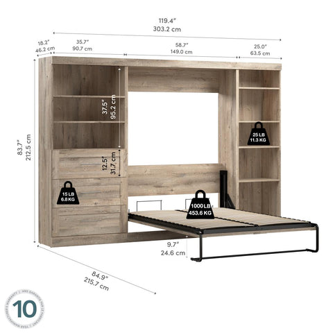 Full Murphy Bed with Shelving and Drawers (120W)