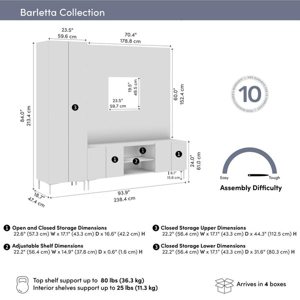 94W Modular Entertainment Center with TV Stand, Tall Storage Cabinet, and Small Wall Panel