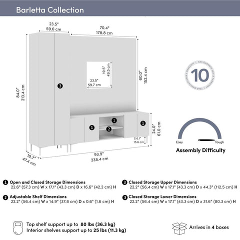 94W Modular Entertainment Center with TV Stand, Tall Storage Cabinet, and Small Wall Panel