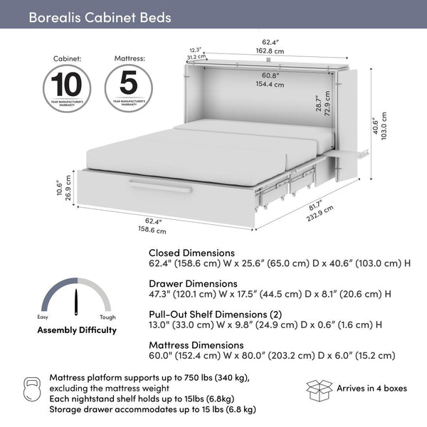 63W Queen Murphy Cabinet Bed with Pullout Drawer and Mattress