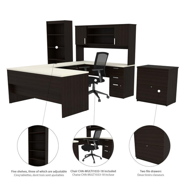 U-Shaped Executive Desk with Chair, a Lateral File Cabinet, and a Bookcase