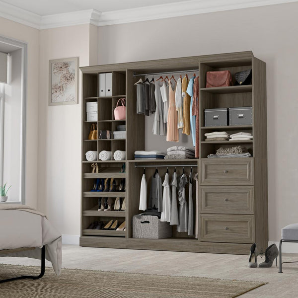 Traditional Closet System with Shelves, Drawers, Shoe Racks, Clothing Rods & Cubies, 86W x 20D