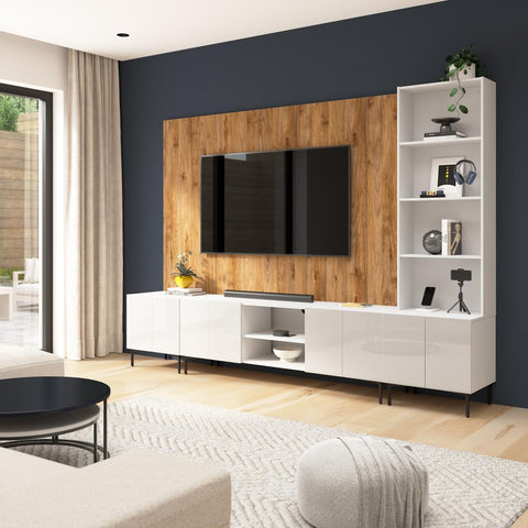 118W Modular Entertainment Center with TV Stand, Storage Cabinets, Hutch, and Large Wall Panel