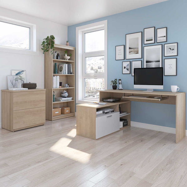 3-Piece set including a small L-shaped desk, a Lateral File cabinet, and a bookcase