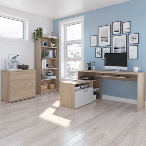 3-Piece set including a small L-shaped desk, a Lateral File cabinet, and a bookcase