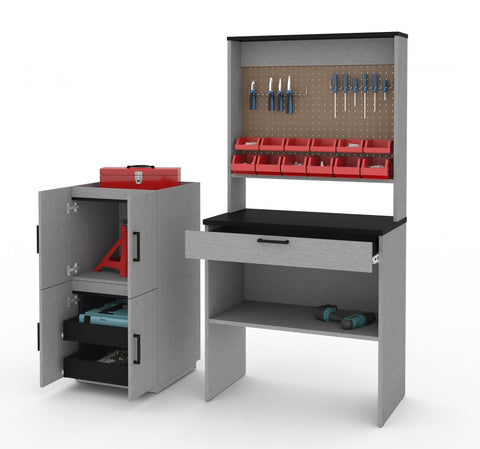 4-Piece Set including a Workbench with Pegboard and Stackable Storage Cabinets