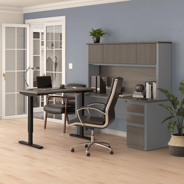72W L-Shaped Standing Desk with Pedestal and Hutch