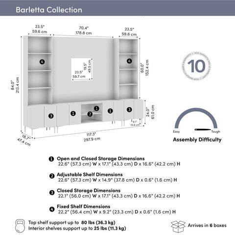 118W Modular Entertainment Center with TV Stand, Storage Cabinets with Hutches, and Small Wall Panel