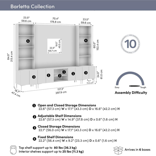 118W Modular Entertainment Center with TV Stand, Storage Cabinets with Hutches, and Small Wall Panel