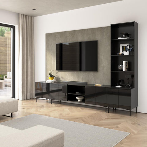 118W Modular Entertainment Center with TV Stand, Storage Cabinets, Hutch, and Large Wall Panel