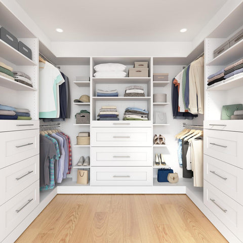 Modular U-Shaped Closet System with Shelves, Drawers & Clothing Rods, Shaker Style, 105W x 61D