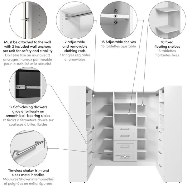Modular U-Shaped Closet System with Shelves, Drawers & Clothing Rods, Shaker Style, 95W x 61D