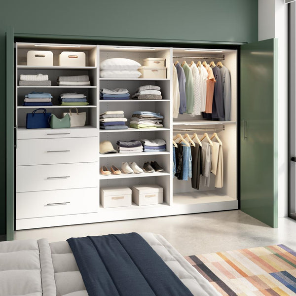 Modular Closet System with Shelves, Drawers, Clothing Rods & LED Lights, Slab Style, 107W x 25D