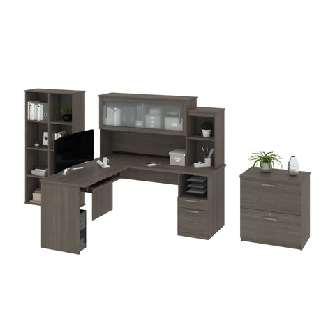65W L-Shaped Desk with Hutch, Lateral File Cabinet, and Cubby Bookcase