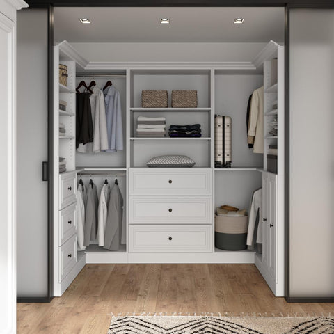 Traditional U-Shaped Closet System with Shelves, Drawers, Clothing Rods, Doors & Cubbies, 108W x 61D