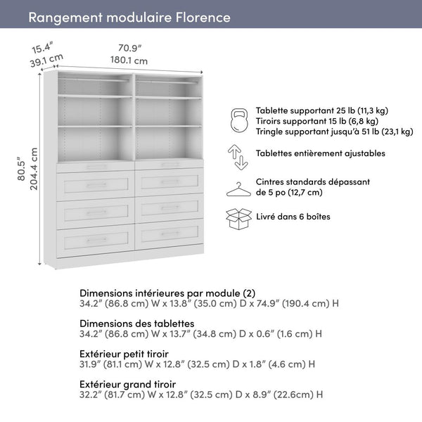 Modular Closet System with Shelves & Drawers, Shaker Style, 71W x 16D
