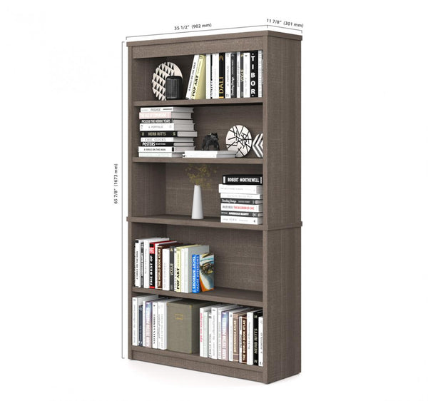 4-Piece set including a standing desk, a credenza desk with hutch, a lateral file cabinet, and a bookcase