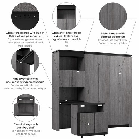 Full Murphy Bed with Storage Cabinet and Fold-Out Desk (91W)