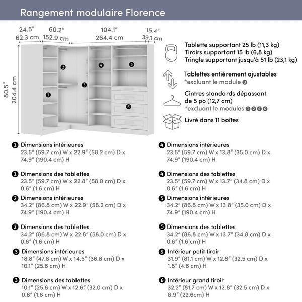Modular L-Shaped Closet System with Shelves, Drawers, Clothing Rods & LED Lights, Shaker Style, 105W x 61D