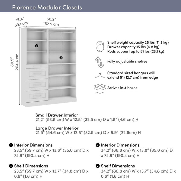 Modular Closet System with Shelves, Drawers & Clothing Rods, Shaker Style, 61W x 16D