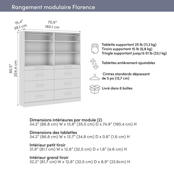 Modular Closet System with Shelves, Drawers & Clothing Rods, Slab Style, 71W x 16D