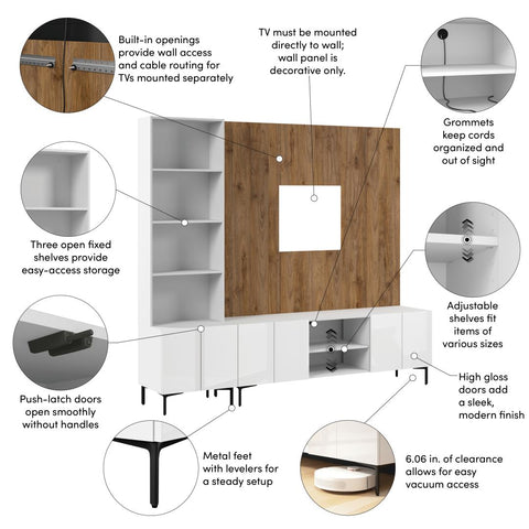 94W Modular Entertainment Center with TV Stand, Storage Cabinet, Hutch, and Small Wall Panel