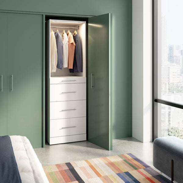 Modular Closet System with Shelves, Drawers, Clothing Rod & LED Light, Slab Style, 25W x 25D