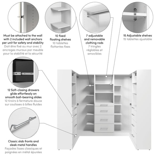 Modular U-Shaped Closet System with Shelves, Clothing Rods & Drawers, Slab Style, 95W x 61D