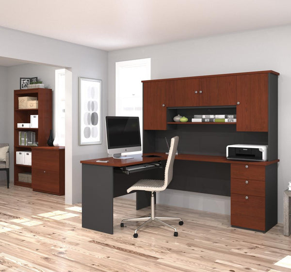 3-Piece set including an L-shaped desk with hutch, a lateral file cabinet, and a bookcase
