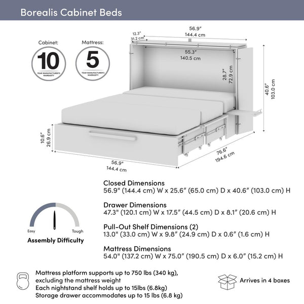 57W Full Murphy Cabinet Bed with Pullout Drawer and Mattress