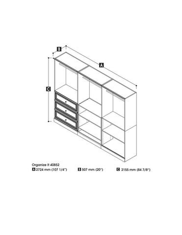 Traditional Closet System, Shelves, Drawers & Clothing Rods, 108W x 20D