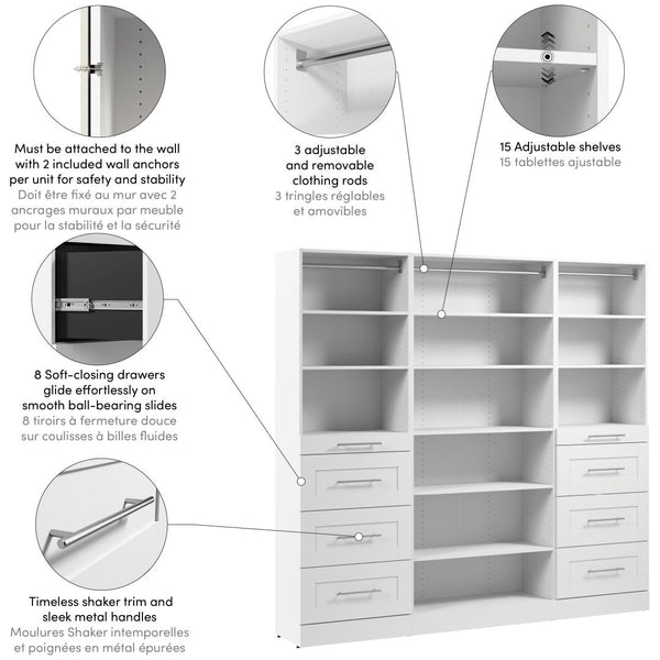 Modular Closet System with Shelves, Drawers & Clothing Rods, Shaker Style, 85W x 16D