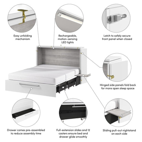 57W Full Murphy Cabinet Bed with Pullout Drawer and Mattress