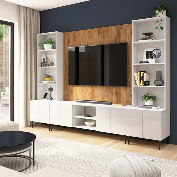 118W Modular Entertainment Center with TV Stand, Storage Cabinets with Hutches, and Small Wall Panel