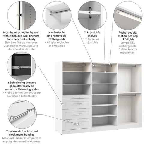 Modular Closet System with Shelves, Drawers, Clothing Rods & LED Lights, Shaker Style, 107W x 25D