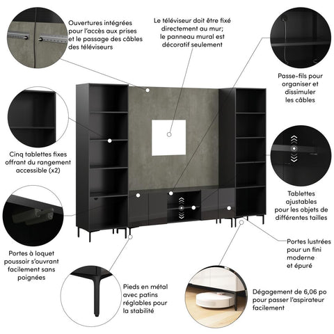 118W Modular Entertainment Center with TV Stand, Media Storage Towers, and Small Wall Panel