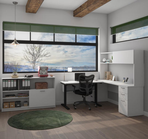 3-Piece set including a standing desk, a desk with hutch, and a credenza