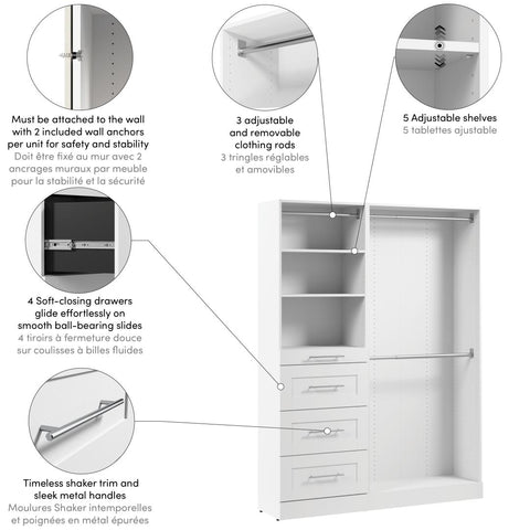 Modular Closet System with Shelves, Drawers & Clothing Rods, Shaker Style, 61W x 16D