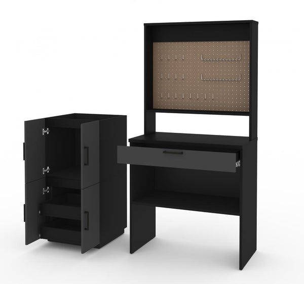 4-Piece Set including a Workbench with Pegboard and Stackable Storage Cabinets