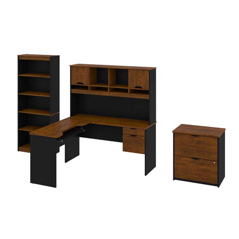 3-Piece set including an L-shaped desk with hutch, a lateral file cabinet, and a bookcase