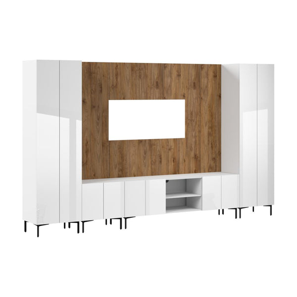 141W Modular Entertainment Center with TV Stand, Storage Cabinet, Tall Storage Cabinets, and Large Wall Panel