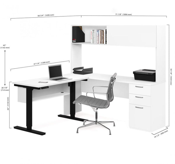 4-Piece set including a standing desk, a credenza desk with hutch, a lateral file cabinet, and a bookcase