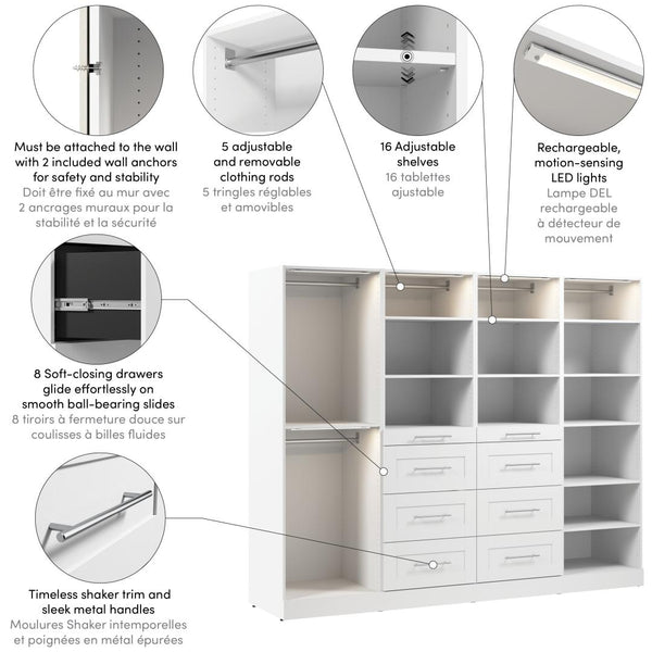 Modular Closet System with Shelves, Drawers, Clothing Rods & LED Lights, Shaker Style, 100W x 25D
