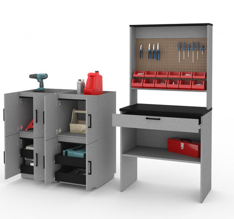 7-Piece Set including a Workbench with Pegboard and Stackable Storage Cabinets